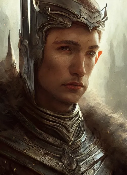Prompt: portrait of an elf wearing medieval armour, male, detailed face, fantasy, highly detailed, cinematic lighting, digital art painting by greg rutkowski