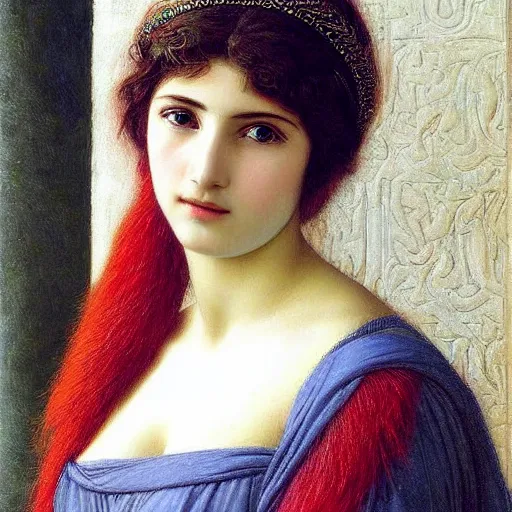 Prompt: beautiful painting by godward, john william of a stunning, beautiful, young kurdish princess, portrait, elegant, incredibly intricate, romanticism, stunning eyes, slender body, wearing beautiful jewelry, award winning art