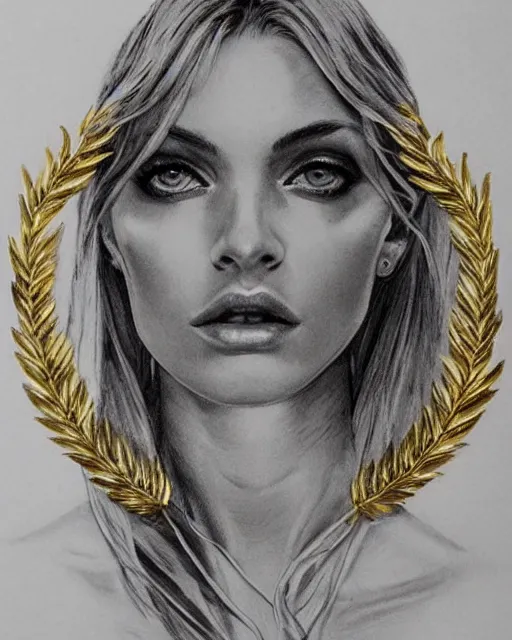 Prompt: tattoo sketch of hot blonde super model as aphrodite greek goddess wearing a gold laurel wreath and triangle earrings, beautiful piercing gaze with sharp pupils, in the style of greg rutkowski, fantasy, amazing detail, epic, elegant, smooth, sharp focus, front view