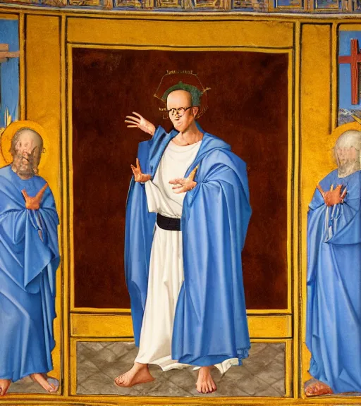 Prompt: hank hill wearing a white toga surrounded by blue fire and blue flames, renaissance religious painting, late gothic religious paintings, byzantine religious art, painting by duccio di buoninsegna and carlo crivelli, trending on artstation