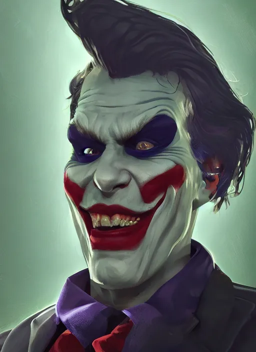 Image similar to impostor jerma as joker, hyper detailed, digital art, trending in artstation, cinematic lighting, studio quality, smooth render, unreal engine 5 rendered, octane rendered, art style by klimt and nixeu and ian sprigger and wlop and krenz cushart.