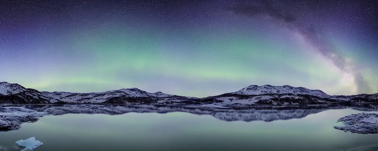 Prompt: A frozen lake in the mountains, night, blue aurora, reflections, stars, milkyway, classic painting, award winning, high detail