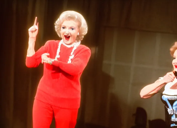 Image similar to publicity photo still of betty white as a gangsta rapper live on stage, 8 k, live concert lighting, mid shot