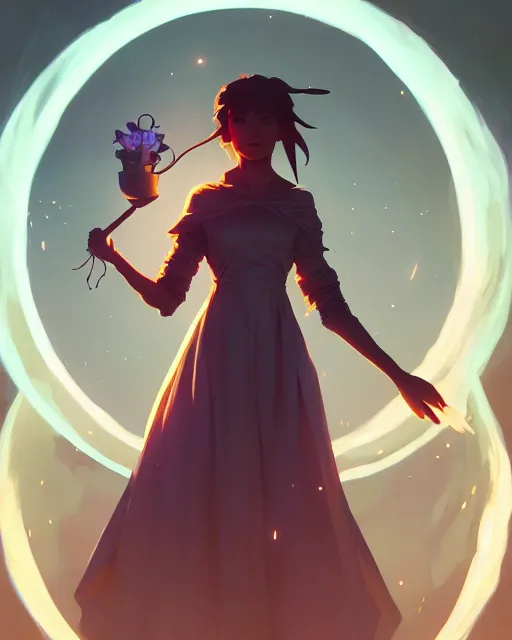 Image similar to highly detailed vfx portrait of a witch casting light magic, unreal engine, greg rutkowski, loish, rhads, beeple, makoto shinkai and lois van baarle, ilya kuvshinov, rossdraws, tom bagshaw, alphonse mucha, global illumination, detailed and intricate environment