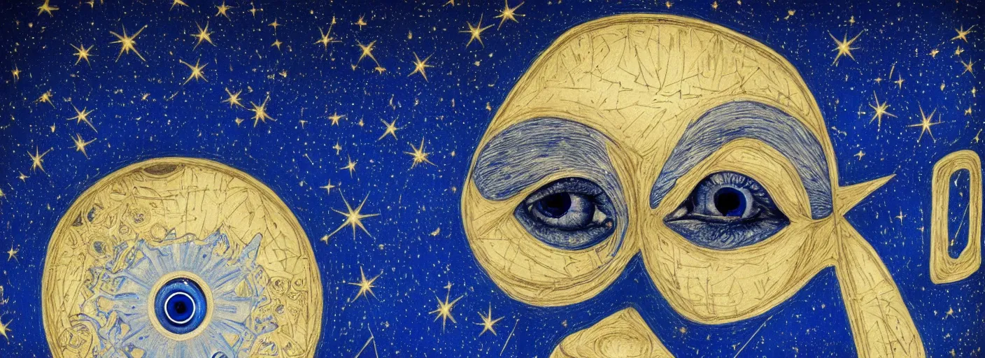 Prompt: the longest night reflected in the eye, awardwinning portrait photography, symmetrical cloaked figure face, ultramarine blue and gold astronomical star constellations and watch gears, moon and candle