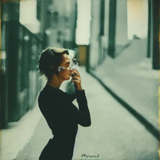 Prompt: instant photograph of a woman smoking in the streets, polaroid, rule of thirds, nostalgic, modern clothing, raw, light leak
