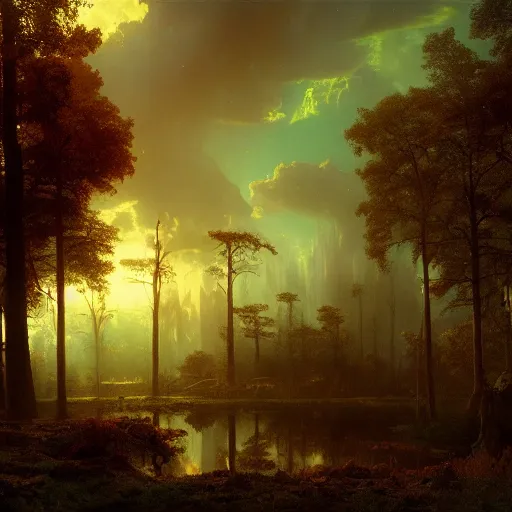 Prompt: painting of a post - apocaliptic wonderland by albert bierstadt, matte painting, unreal engine, 8 k resolution, beautiful, dark ambient