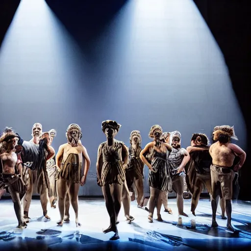 Image similar to award winning Production photo of David and Goliath on broadway, dancing, singing, costumes by Julie Taymor, set design by Julie Taymor