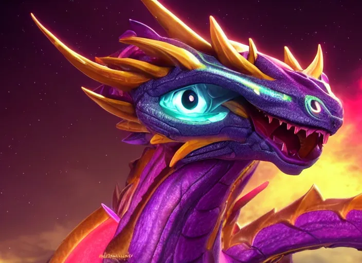 Prompt: aurelion sol dragon in the cosmos staring at the viewer, ultra realistic 4 k unreal engine render with ray tracing bloom ambient occlusion