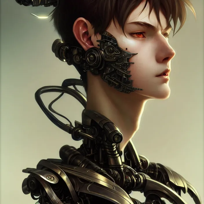 Image similar to animeboy cyborg, diffuse lighting, fantasy, intricate, elegant, highly detailed, lifelike, photorealistic, digital painting, artstation, illustration, concept art, smooth, sharp focus, art by john collier and albert aublet and krenz cushart and skunkyfly and alphonse mucha