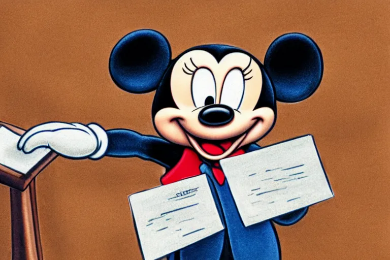 Image similar to detailed background courtroom sketch of vintage disney character lawyer mickey mouse presenting evidence of copyright infringement to the judge bench court room wooden serious dark tone