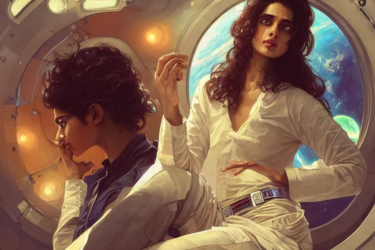 Image similar to Exhilarated good looking pale young Indian doctors wearing jeans in a space station above Earth, portrait, elegant, intricate, digital painting, artstation, concept art, smooth, sharp focus, illustration, art by artgerm and greg rutkowski and alphonse mucha