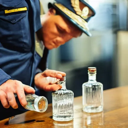 Image similar to a man in a uniform observing the sealing of a number of important looking bottles of spirits