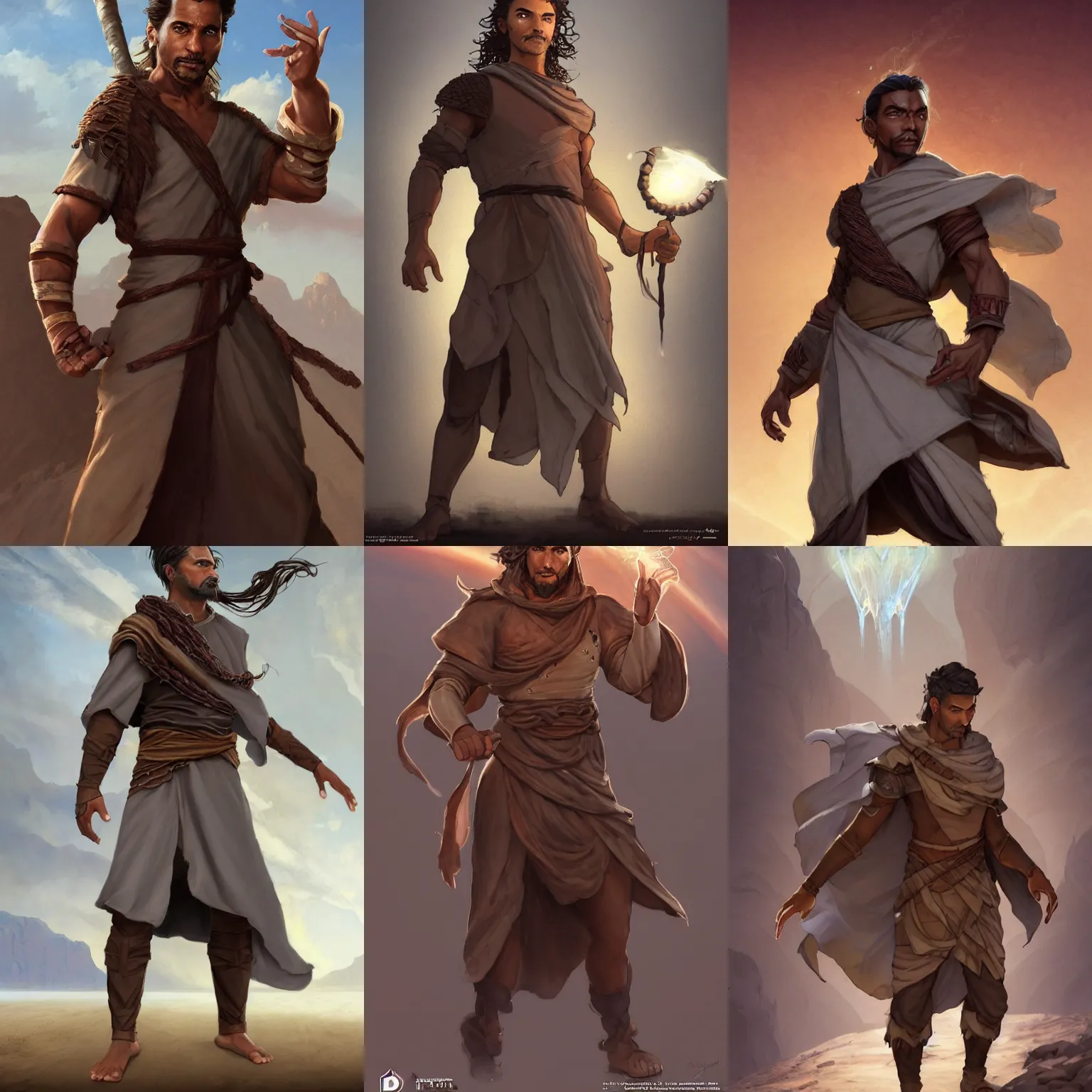 Image similar to Full body Picture of a male Geomancer, desert inspired, dark brown skin, light grey hair, waist reaching ponytail, Light brown attire, robes, battle, detailed face features, dark brown eyes, D&D, by artgerm and Craig Mullins, James Jean, Andrey Ryabovichev, Mark Simonetti and Peter Morbacher, matte painting, trending on artstation, artstationHD, artstationHQ, octane, full HD, 16K, alluring