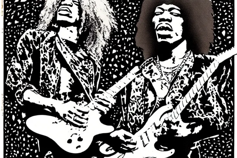 Image similar to grunge rock jimi hendrix, psychedelic concert poster, grainy, surrealist hand drawn by Frank Kozik, extremely detailed.