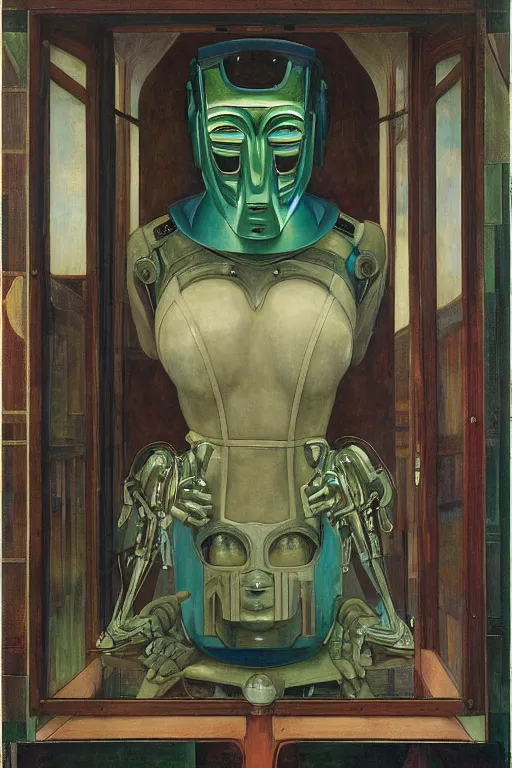 Prompt: the queen in her robot mask stands by the window at midnight , by Annie Swynnerton and Diego Rivera and Elihu Vedder, symbolist, dramatic lighting, elaborate geometric ornament, Art Brut, soft blues and greens,smooth, sharp focus, extremely detailed, Adolf Wölfli and Evelyn De Morgan