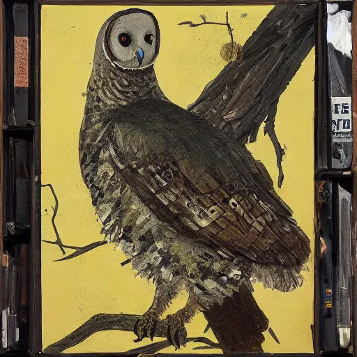 Image similar to obese physique feathered round beak Portrait of Henry James camouflaged as Owl whilst wearing a yellow tuxedo Standing atop a Garbage Truck Greg Rutkowski Vik Muniz clarence holbrook carter Andrew Wyeth Dan Witz