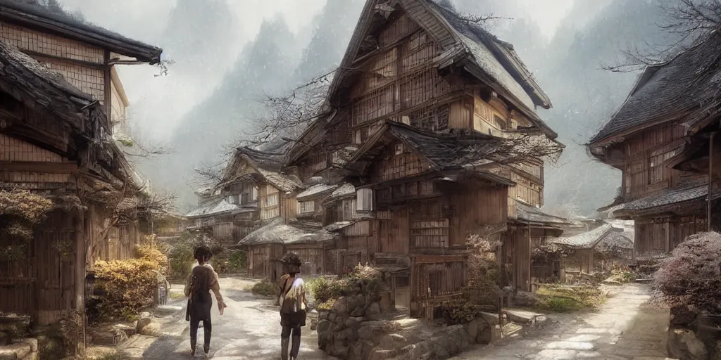 Prompt: walking around rural shirakawa - go, gifu, japan. volumetric lighting, spring early, nice slight overcast weather, realistic illustration, perfectly shaded, ( golden hour ), soft painting, low angle, art by krenz cushart and wenjun lin