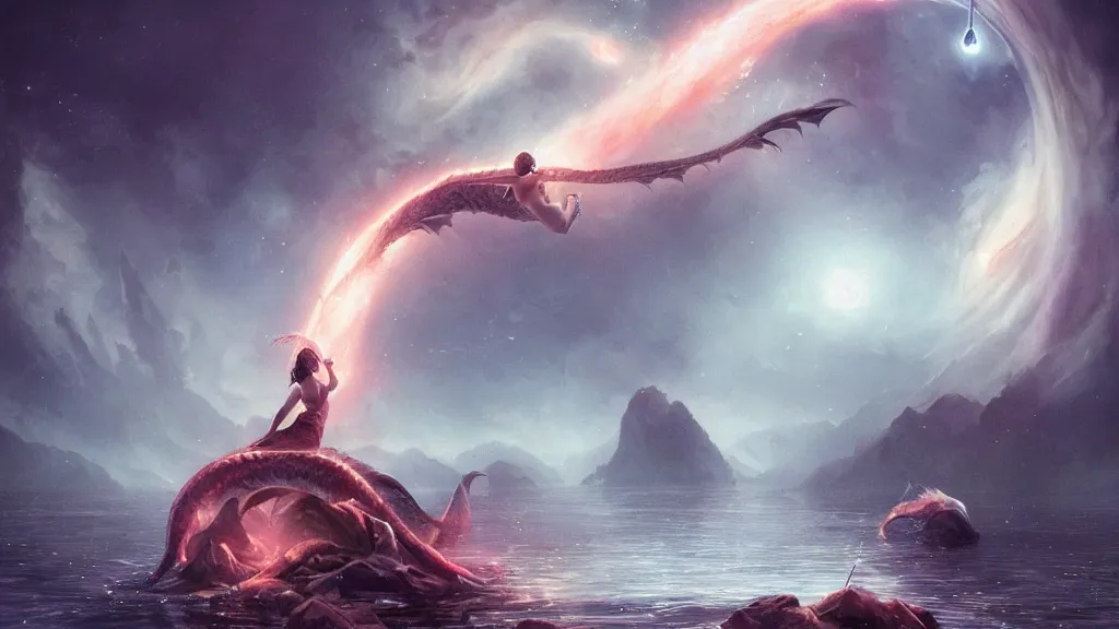 Prompt: whimsical!!!, beautiful!! women on the dragon in a lake, raising an arm, under a binary black hole with a ring, by ross tran, by greg rutkowski, by artgerm, by beeple, face enhance, volumetric lighting, 4 k resolution, octane render, trending on artstation