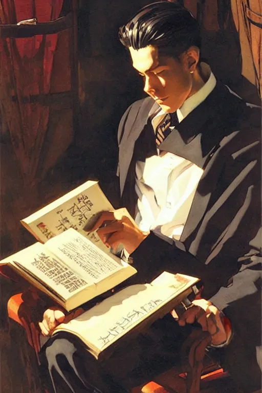 Prompt: attractive man reading book, painting by j. c. leyendecker, yoji shinkawa, katayama bokuyo