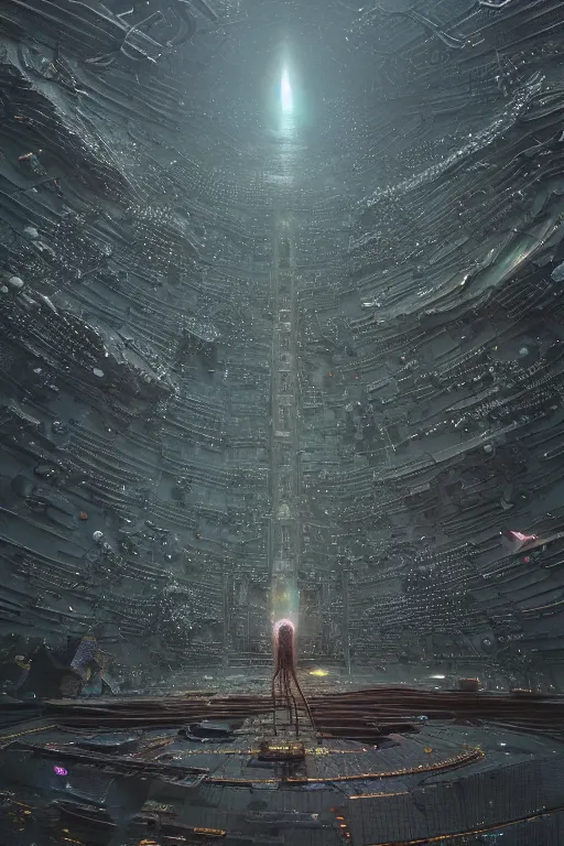 Image similar to interstellar spacetime dystopía made of bits of data | moods by Beeple toothwu gurney Beksiński | hard surface rendering; 3D realistic materials;cybersteampunk | geometry of various pieces of interconnected rusted metallic radial gears, chains, gizmos, cogs, sprogs | touch of skyblue science fiction fantasy