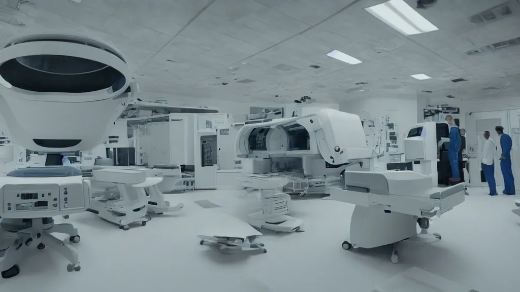 Image similar to a huge mri machine and control panels in the inspection room, film still from the movie directed by denis villeneuve with art direction by salvador dali, wide lens