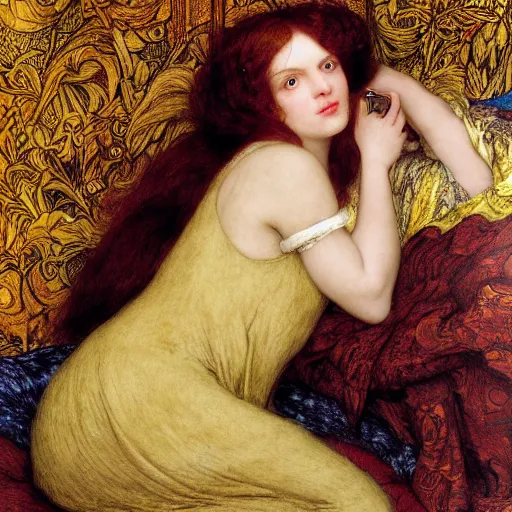 Prompt: preraphaelite photography reclining on bed, a hybrid of judy garland and a hybrid of lady gaga and katie holmes, aged 2 5, big brown fringe, wide shot, yellow ochre ornate medieval dress, john william waterhouse, kilian eng, rosetti, john everett millais, william holman hunt, william morris, 4 k