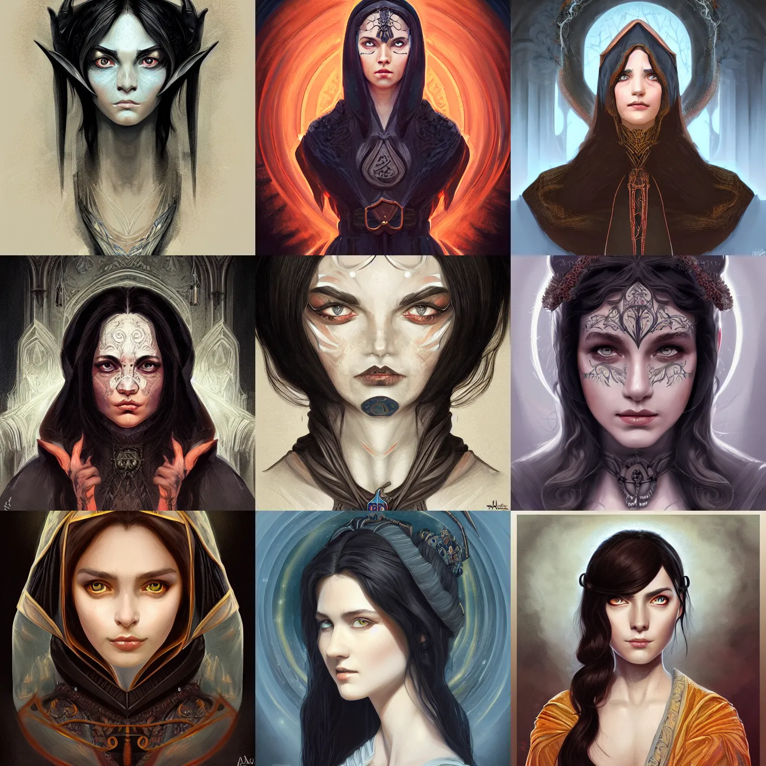 Prompt: head-on symmetrical centered painted portrait, young woman D&D wizard, black hair, medieval robes, fantasy, intricate, elegant, highly detailed, digital painting, smooth, sharp focus, illustration, artstation, in the style of Artgerm and Anna Podedworna and Alex Ross