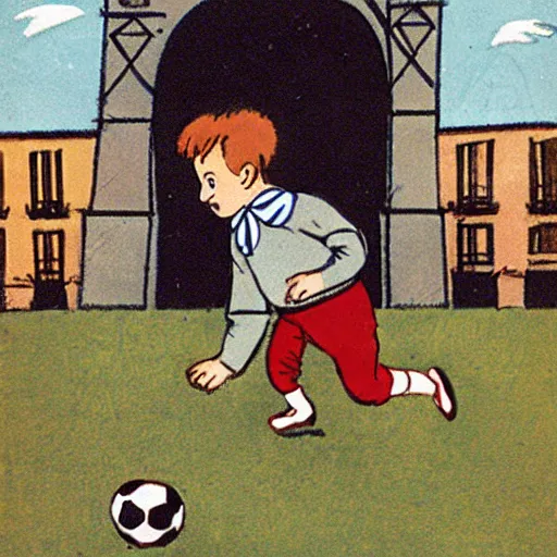 Image similar to book illustration of a french boy on the streets of paris playing football against a corgi, the dog is wearing a polka dot scarf, 1 9 6 6