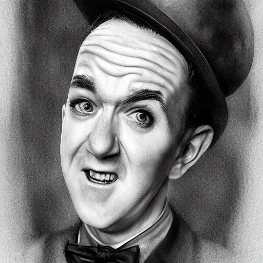 Prompt: stan laurel character portrait, lean face, cinematic lighting, glowing grey eyes, hyper - detailed, 4 k, high resolution, in the style of charlie bowater, tom bagshaw, single face, symmetrical, headshot photograph, insanely detailed and intricate, beautiful, elegant, watercolor, cinematic, portrait, raphaelite, headroom, pierre - auguste renoir