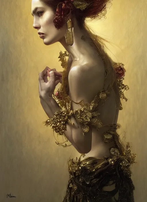 Image similar to highly detailed oil painting | very intricate | cinematic lighting | award - winning | waratah fashion by alexander mcqueen | by roberto ferri, by tom bagshaw, by j. c. leyendecker and klimt, american romanticism, by austin osman spare, artstation, cgsociety, official art, octane