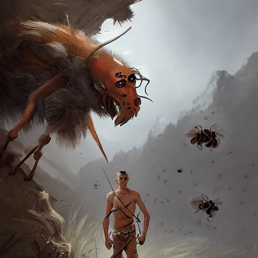 Image similar to a skinny weak male hunter from Stone Age, trying to survive surrounded by bees Greg Rutkowski and Raymond Swanland, Trending on Artstation, cloudy background, ultra realistic digital art