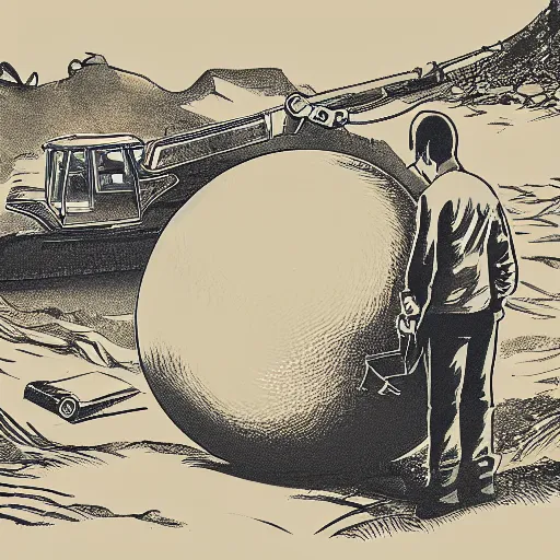 Image similar to in the distance, in the center of a large sand pit, there is a large golden ball in the sand, a broken excavator and a man in military uniform standing nearby, stylization of a book illustration, high - quality, depth of sharpness, focus on the object