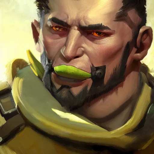 Prompt: greg manchess close - up portrait painting of a handsome male dieselpunk orc with olive green skin as an overwatch character, medium shot, asymmetrical, profile picture, organic painting, sunny day, matte painting, bold shapes, hard edges, street art, trending on artstation, by huang guangjian and gil elvgren and sachin teng