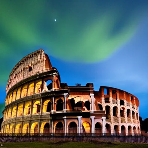 Prompt: at night, the sky over the colosseum in rome is covered in a green niantic ingress field, while a group of hooded people surrounds the area