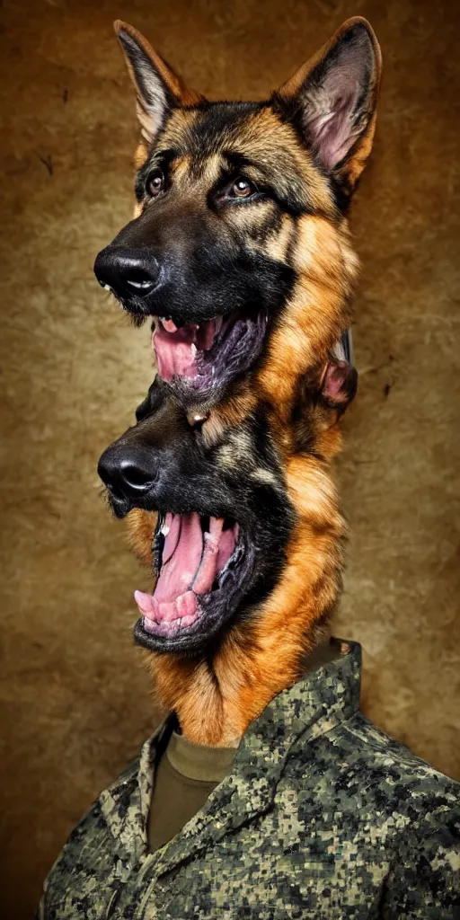 Prompt: close up character portrait icon of the german shepard beast - man military uniform head animal person wearing clothes standing in hell landscape, 4 k, tone mapping