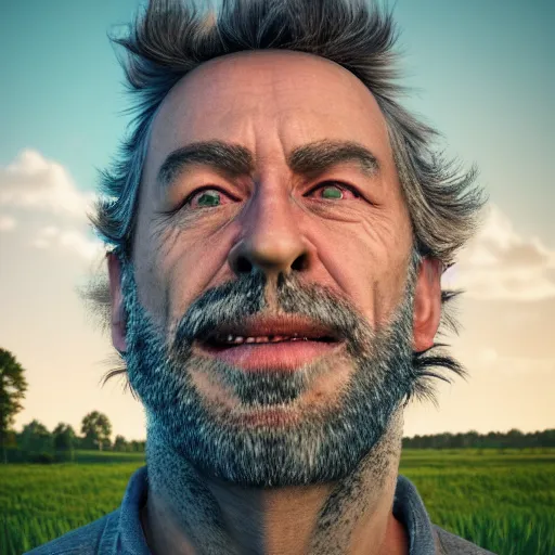 Prompt: realistic portrait of rick sanchez, face to camera walking in a field. france, dordogne, hills, ultra high, face to camera, detail, 8 k, sunset, flowers, trees, river, hills, octane render.