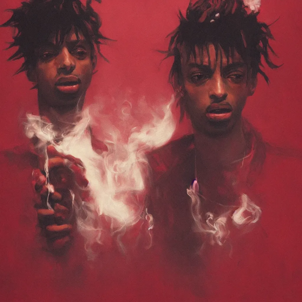 Prompt: closeup of Playboi Carti smoking a blunt in a dark red room, atmospheric, illustrated by Greg Rutkowski , Trending on artstation,