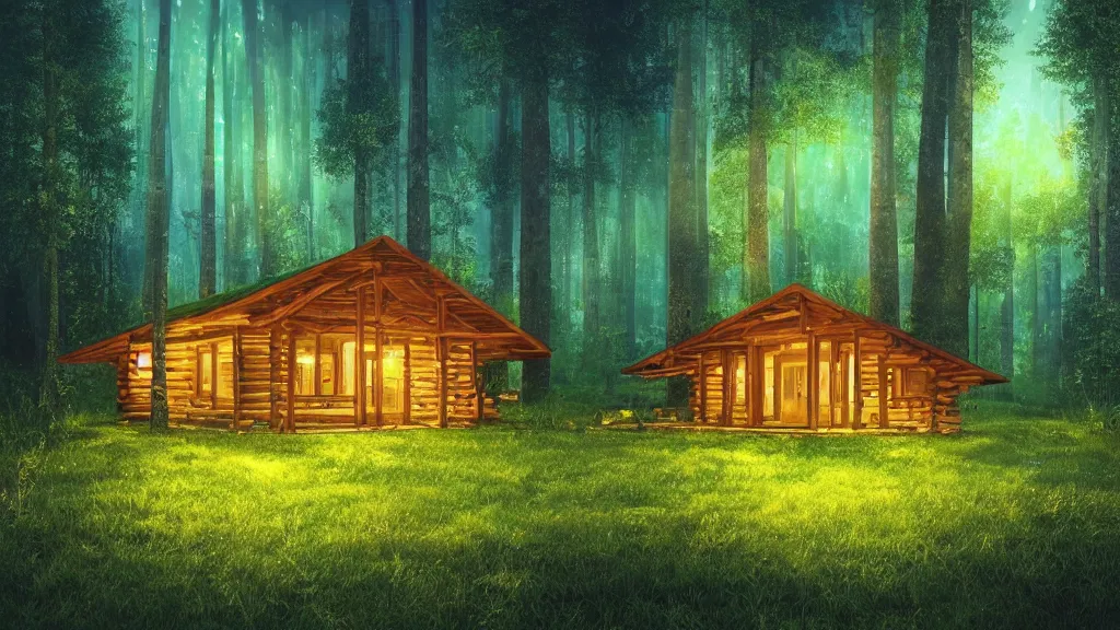 Prompt: portrait of an ethereal log cabin made of golden blue and green light, evergreen forest, divine, cyberspace, mysterious, dark high-contrast concept art