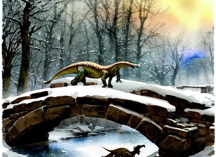 Prompt: watercolor of faraway dinosaur on rustic stone bridge in winter landscape, glistering, high detailed art by dennis miller bunker, work by anders zorn, wonderful masterpiece by greg rutkowski, beautiful cinematic light, american romanticism by greg manchess, creation by tyler edlin