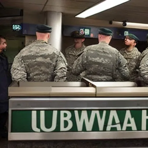 Image similar to FBI soldiers hiding behind a subway counter