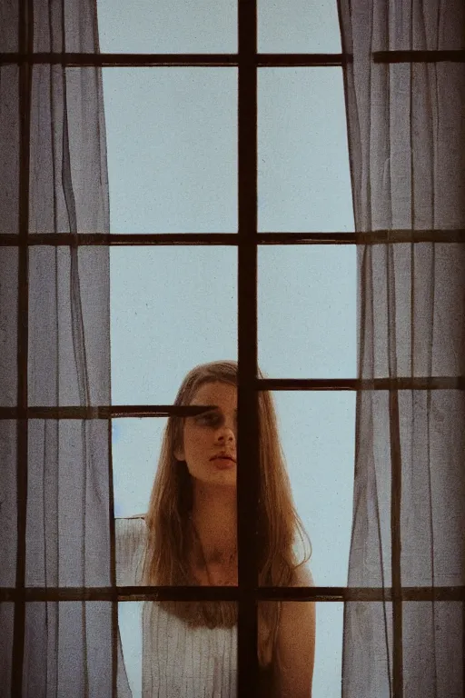 Image similar to kodak portra 1 6 0 photograph of a person looking out their window, eyes, beautiful eyes, stunning eyes, close up, telephoto, faded effect, grain,