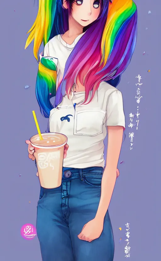 Image similar to a kawaii woman with rainbow hair, happy, summer time, holding boba tea drink, soft eyes and narrow chin, dainty figure, long hair straight down, kawaii shirt and jeans, basic white background, In style of by Jordan Grimmer and greg rutkowski, crisp lines and color