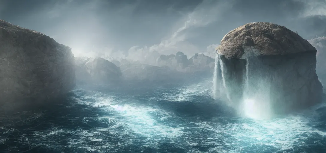 Prompt: flat earth with water falling off the sides, digital art, matte painting, volumetric lighting, award-winning art