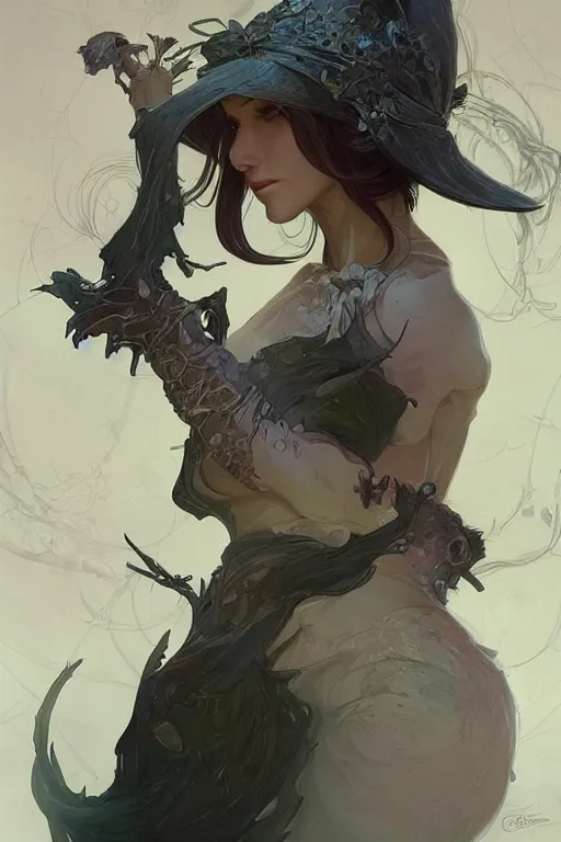 Image similar to A goblin witch, d&d, fantasy, pretty, beautiful, intricate, elegant, highly detailed, digital painting, artstation, concept art, smooth, sharp focus, illustration, art by artgerm and greg rutkowski and alphonse mucha