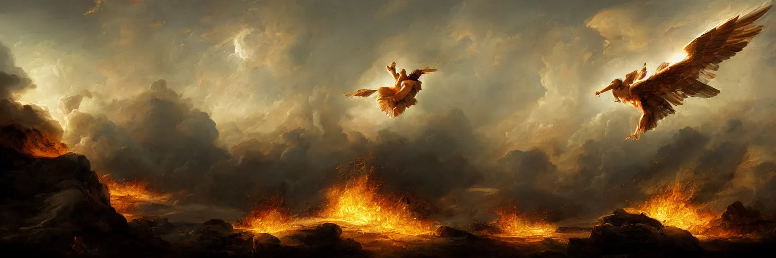 Prompt: awe-inspiring guy rutkowski landscape digital art painting of icarus crashing and burning his chariot