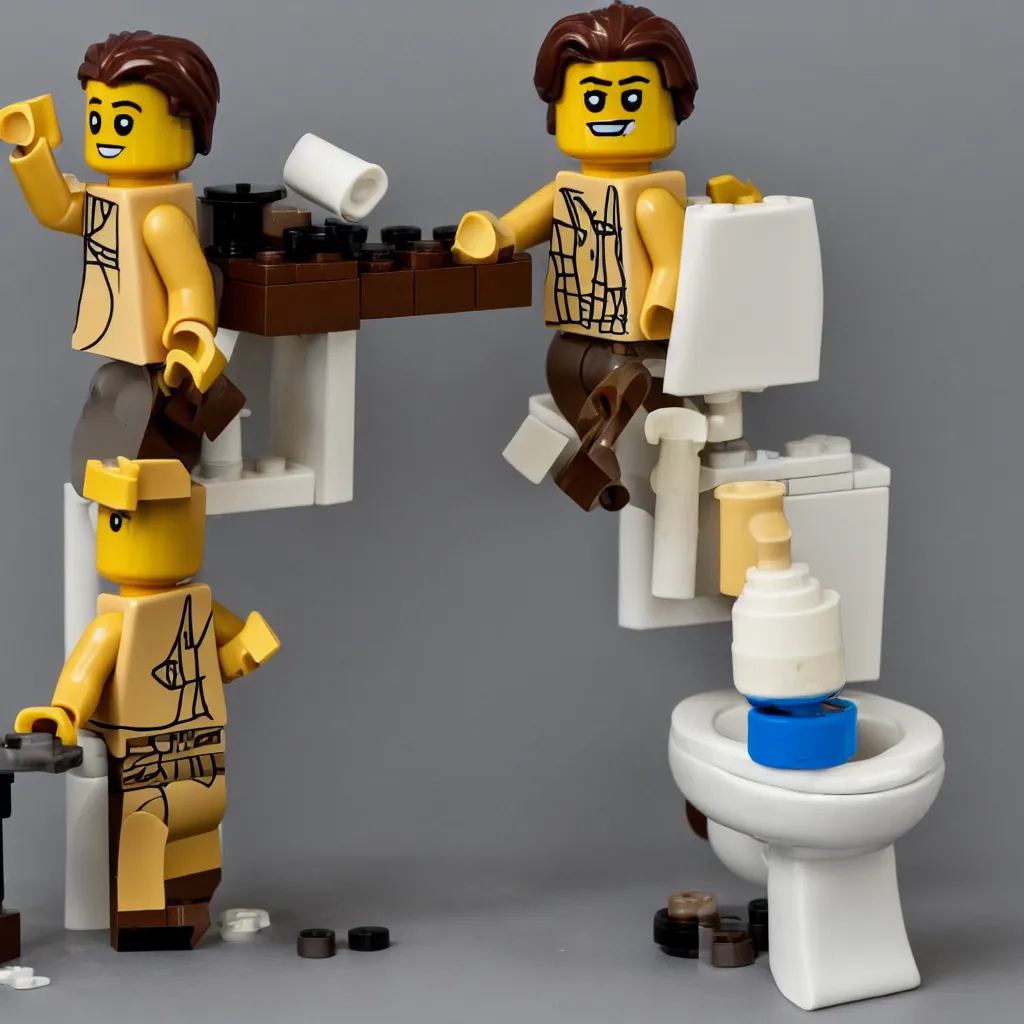Image similar to a lego figure of a man, sitting on a toilet with his pants down. there is a stream of lego bricks coming out of his behind