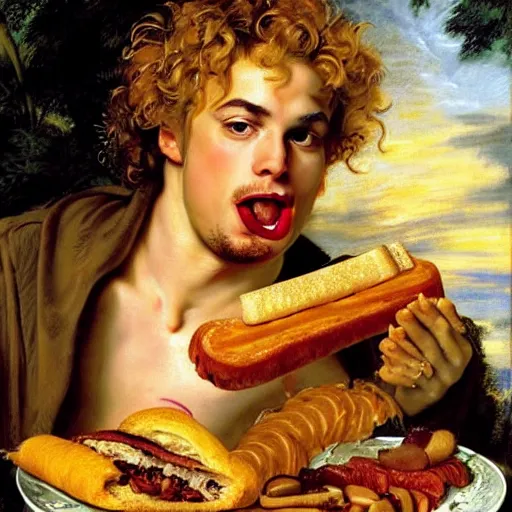 Prompt: beautiful portrait painting of a hedonistic Dio Brando with long curly blond hair, voluptuous young man wearing an open poet shirt stuffing his face with meats and cheeses and bread, symmetrically parted curtain bangs, in love by Peter Paul Rubens and Norman Rockwell
