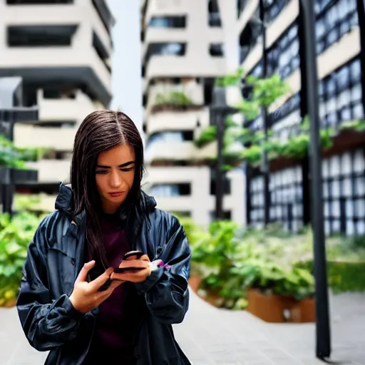 Image similar to candid photographic portrait of a poor techwear mixed young woman using a phone inside a dystopian city, closeup, beautiful garden terraces in the background, sigma 85mm f/1.4, 4k, depth of field, high resolution, 4k, 8k, hd, full color