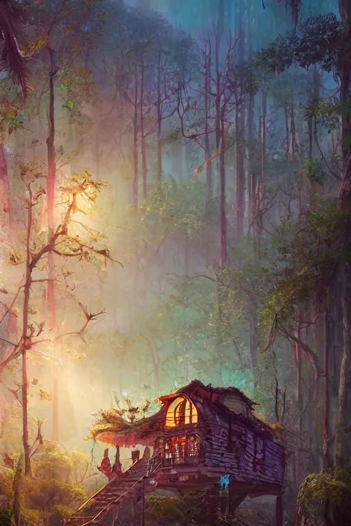 Image similar to a cheerful and whimsical ramshackle multistory hut in the woods, intricate, elegant, fantasy, highly detailed, digital painting, concept art, sharp focus, illustration, beautiful volumetric lighting, epic light, artstation, magic hour lighting, colorful, sunshine, springtime, art by Sylvain Sarrailh